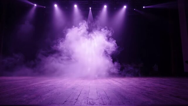 Empty Stage with Purple Spotlights and Hazy Smoke - An empty theater stage bathed in purple spotlights, with thick hazy smoke creating an atmospheric effect.