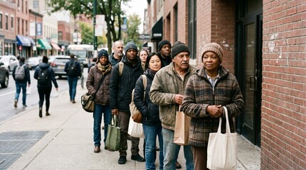 Obraz premium Diverse group of people waiting in line on a city street.