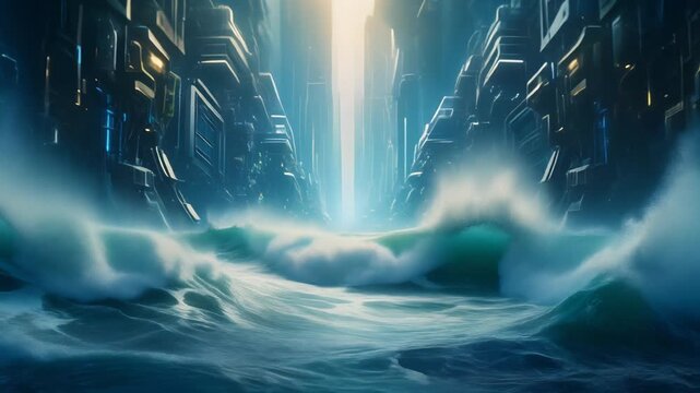 Futuristic Cityscape with Crashing Waves, Sci-Fi Metropolis, Ocean, Water, Technology