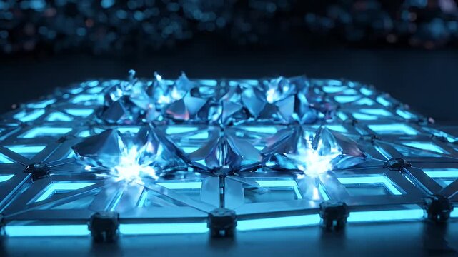 Futuristic Geometric Crystals on Luminous Grid - Sharp, faceted crystal shapes rest on a glowing, modular grid with intricate geometric patterns.