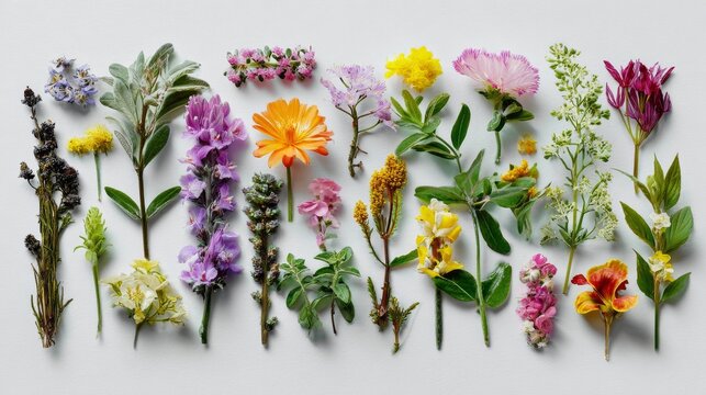 Flat lay collection of assorted medicinal herbs and edible flowers arranged neatly on white background for culinary and healing themes