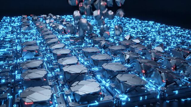 Fragmented Geometric Forms on Luminous Grid - Abstract geometric shards are scattered across a futuristic, luminous modular grid with glowing blue circuitry.
