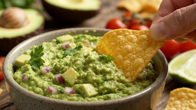 Fresh Guacamole Dip with Corn Tortilla Chip - A hand dips a crunchy corn tortilla chip into a bowl of fresh, homemade guacamole.