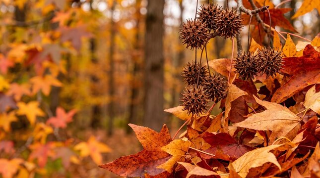 Liquidambar sweetgum tree seeds, warm seasonal colors, naturally woodland background
