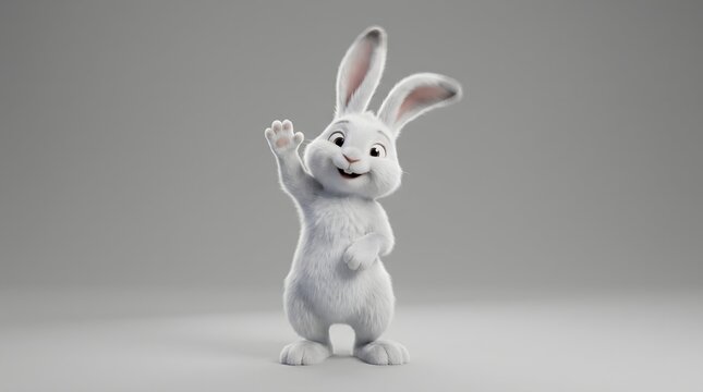 Cute 3D cartoon white rabbit waving hello on a plain background.