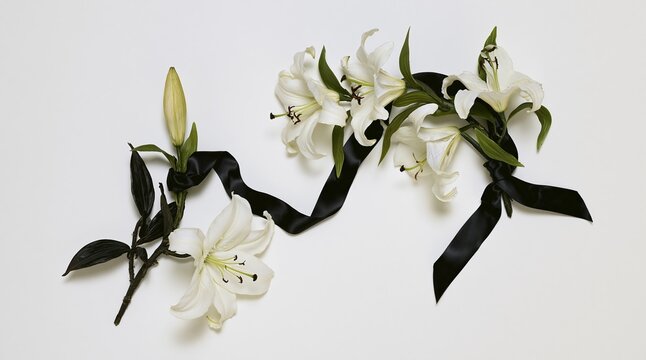 White lilies and black ribbon on white background