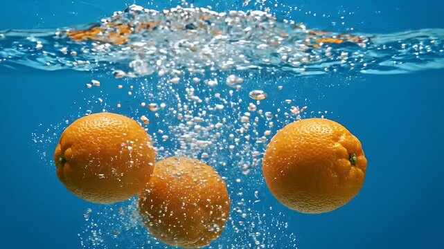 Fresh Oranges Splashing into Clear Blue Water - Three vibrant oranges splash dynamically into crystal clear blue water, creating a cascade of bubbles and splashes.