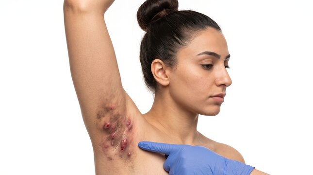 Doctor Pointing at Severe Hidradenitis Suppurativa Nodules under Woman Armpit