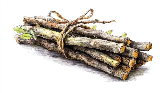 Organic herbal remedy artwork featuring hand drawn licorice root bundle in watercolor artistic style