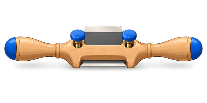 A wooden spokeshave with two short turned handles, a flat steel blade and a brightly coloured adjusting thumbscrew, isolated on white