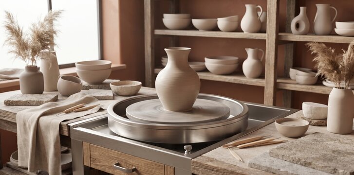 Ceramic pottery studio interior with a clay vase on a spinning wheel, wooden shelves filled with handmade bowls and pitchers, and dried pampas grass in vases on a rustic table