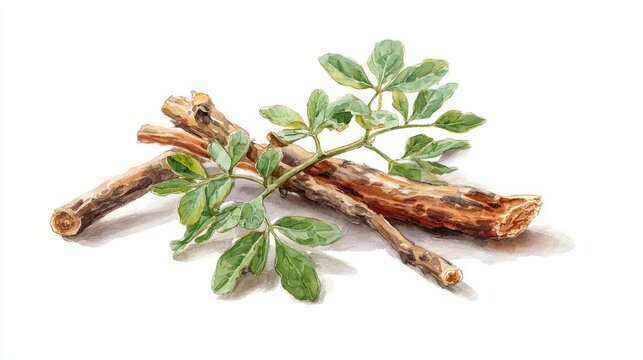 Isolated botanical watercolor painting of licorice root emphasizing natural health aid and sweetener properties