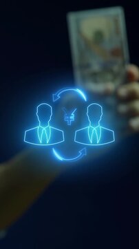 Businessman hand holding cash banknotes vertical shot beside glowing peer to peer exchange icon. Global currency transfer transaction, financial liquidity flow, and banking remittance idea concept.
