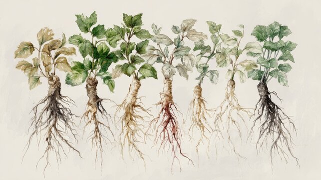 Hand sketched herbal root illustration painted in watercolor style with soft natural tones for medicinal design
