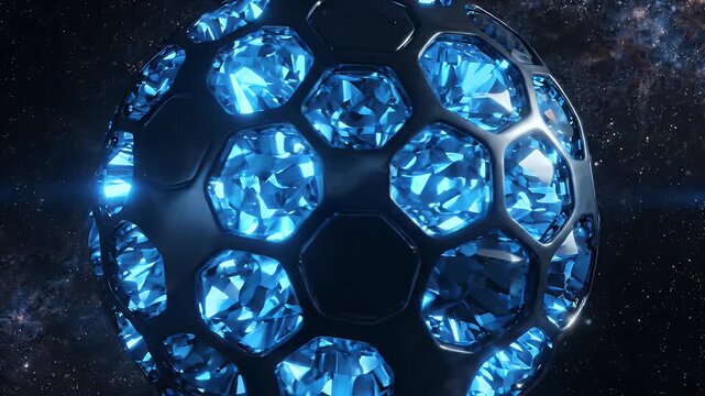 Futuristic Metallic Sphere with Hexagonal Crystal Panels - A close-up view of a futuristic metallic sphere adorned with hexagonal panels filled with brilliant blue crystals.