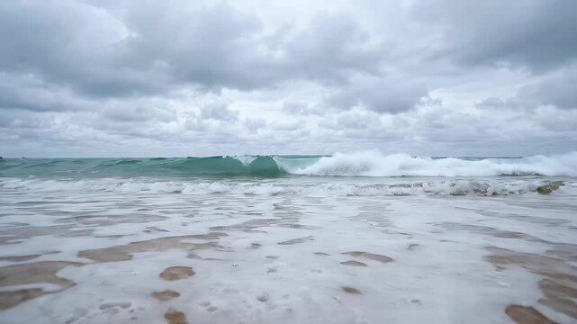 Gentle Waves on Sandy Beach Under Cloudy Sky - Gentle waves roll onto a sandy beach with turquoise water. The sky is filled with soft, overcast clouds, creating a serene and natural atmosphere.