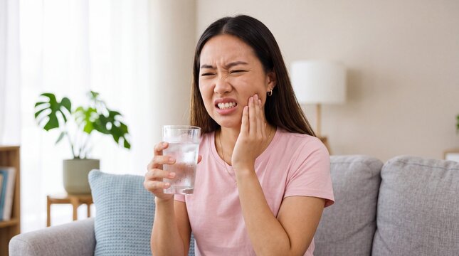Young Asian woman suffering from sensitive teeth or toothache while drinking cold water in living room at home