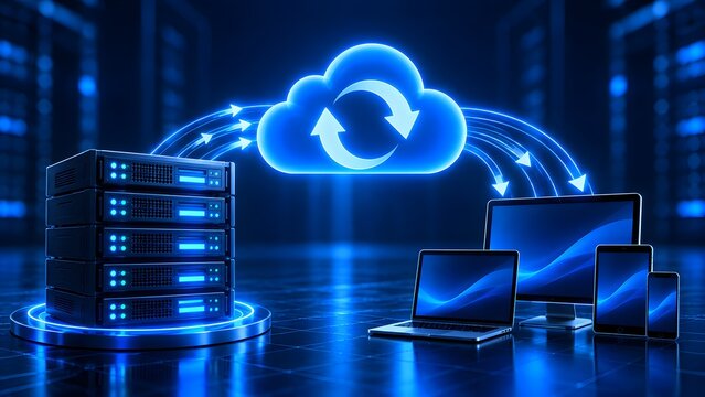 Glowing blue cloud computing symbol syncing data between server racks and digital devices representing network backup and IT infrastructure.