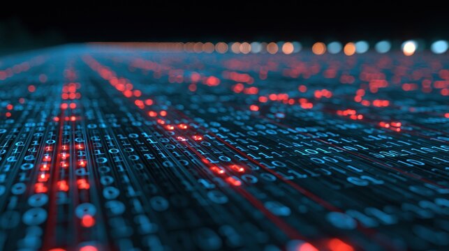 glowing binary code data stream with red highlights