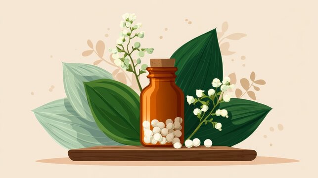 Natural medicine theme with bottle of homeopathic pills placed against organic leaf backdrop in clean flat illustration