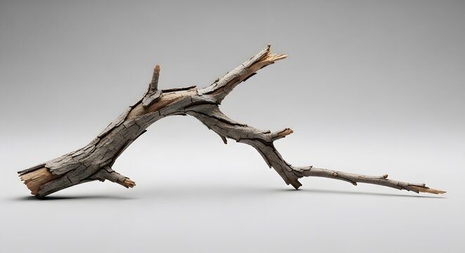 A single broken brown tree branch with textured bark lying on a smooth surface