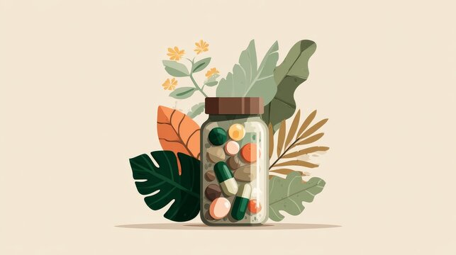 Decorative flat vector of herbal capsules and pills in container with botanical leaves representing alternative treatment concept