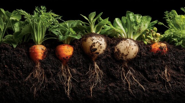 Fresh organic vegetables and fruits sprouting from rich dark compost soil with visible roots and green leaves