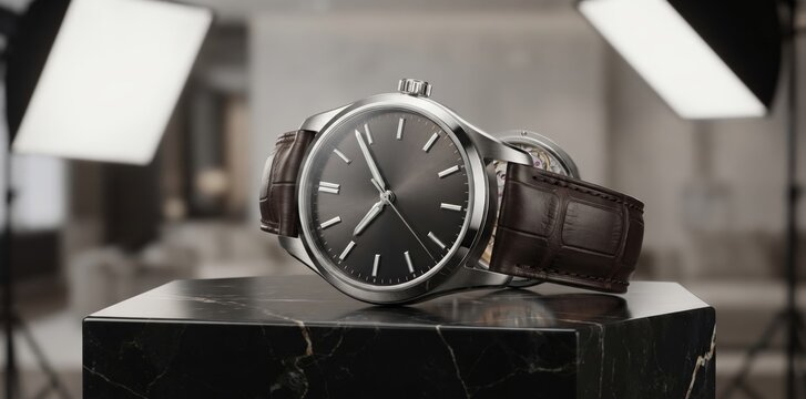 Close-up of a silver wristwatch with a dark grey dial and a brown leather strap, resting on a black marble pedestal in a studio setting with softbox lighting in the background