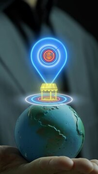 Businessman hand supporting world globe model vertical shot with glowing retail shop map pin and dollar coin. Global franchise branch expansion, commercial store location, and marketplace concept.