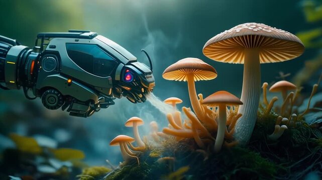 Robotic insect exploring mushrooms in mystical forest, science fiction, fantasy