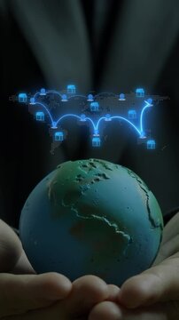 Close-up vertical shot of hands holding world globe model with retail store pins across global map. Worldwide commercial shop franchise network, international branch expansion, and market concept.