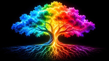 Obraz premium Majestic glowing tree of life with colorful rainbow leaves and shining neon roots in dark background representing nature energy ecology and spiritual growth.