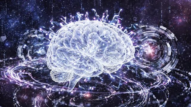 Glowing Neural Network in Digital Cosmos - A luminous, intricate neural network representing a brain pulsates with energy amidst a digital cosmos.