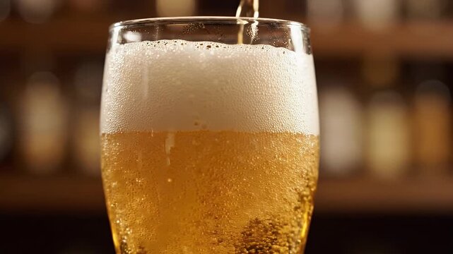 Golden Beer Pouring Into Glass With Rising Bubbles - Close-up shot of golden beer being poured into a clear glass, creating a frothy white head and visible rising bubbles.