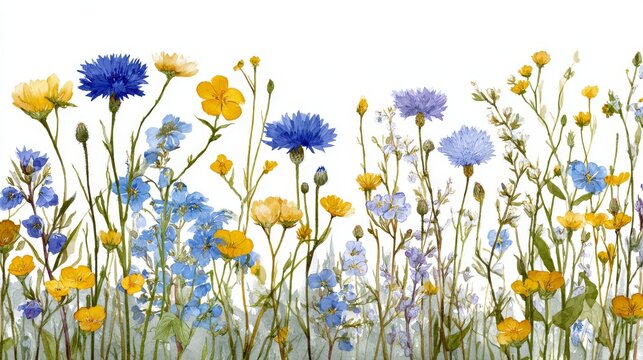 Botanical illustration of colorful wild herbs featuring blue cornflowers, delicate forget-me-nots, yellow buttercups
