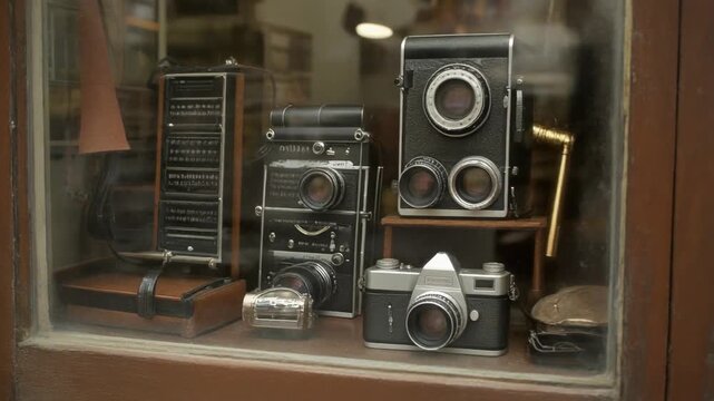 Vintage Camera Collection in Shop Window Display - Retro Photography Equipment