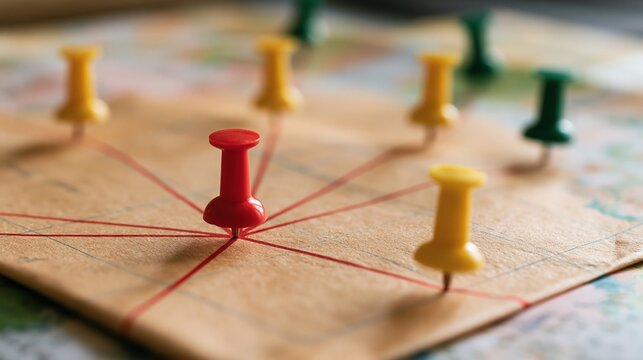 Red pushpin connects yellow pins on map with