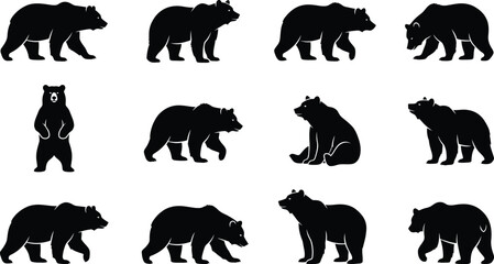 Fototapeta premium A diverse collection of black bear silhouettes shown in a variety of dynamic poses on a plain white backdrop ideal for design