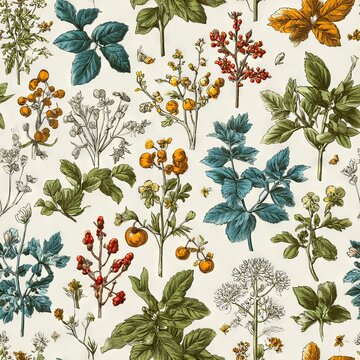 Seamless botanical background with finely detailed hand-drawn sketches of medicinal herbs arranged in repeating vintage pattern