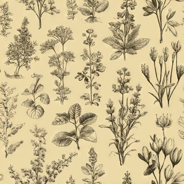 Seamless botanical background with finely detailed hand-drawn sketches of medicinal herbs arranged in repeating vintage pattern
