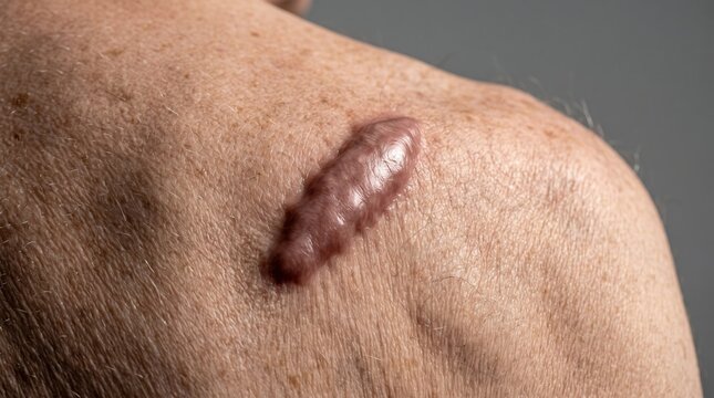 Close up shot of raised thick keloid scar tissue on human shoulder skin