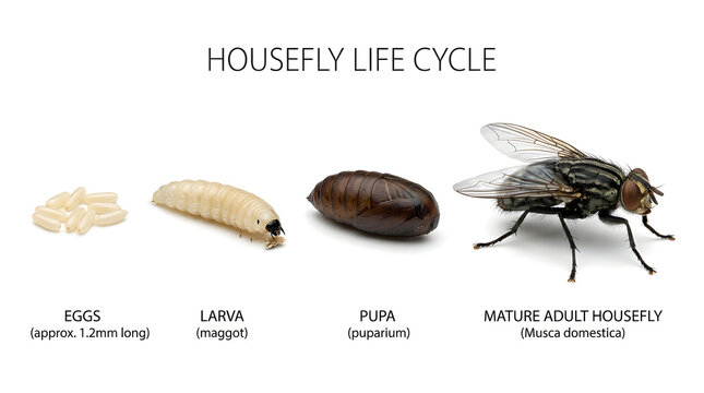 The life cycle of a housefly, showing its stages from egg to larva to pupa to adult