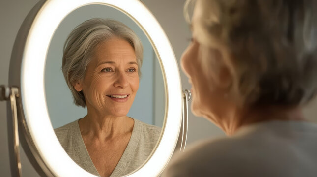 Mature woman smiling at reflection in illuminated mirror