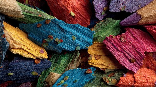 Close-up of colorful pencil shavings, showcasing a vibrant mix of textures and hues