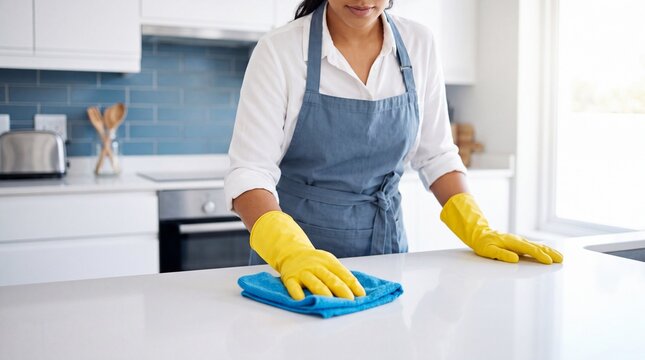 Professional housekeeper cleaning a modern white kitchen countertop using yellow rubber gloves and blue microfiber cloth