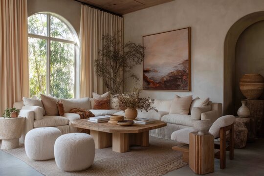 Serene living space features an arched window, neutral colors, and natural textures