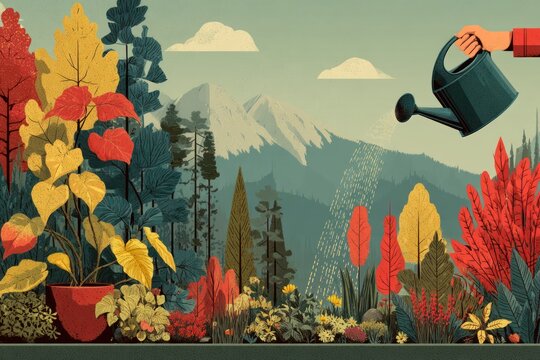 Colorful illustrated scene of gardening person watering vibrant plants with mountains in the background