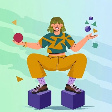 Woman balances geometrical shapes and forms in a colorful modern illustration.