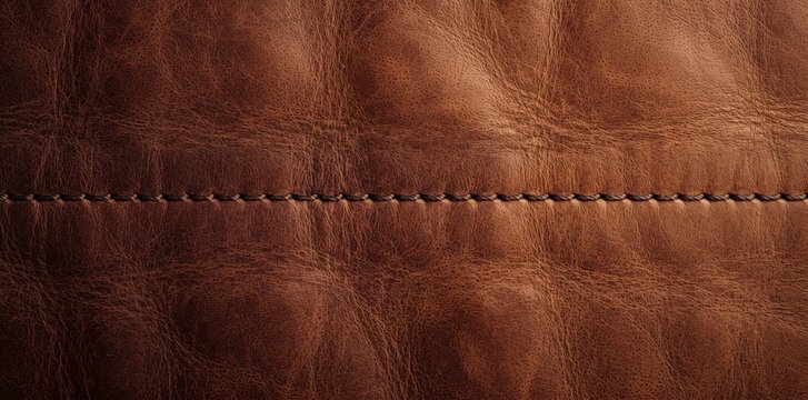 Close-up of dark brown genuine leather texture with a horizontal stitched seam running across the center, showing natural grain, creases, and detailed thread work on a soft hide surface