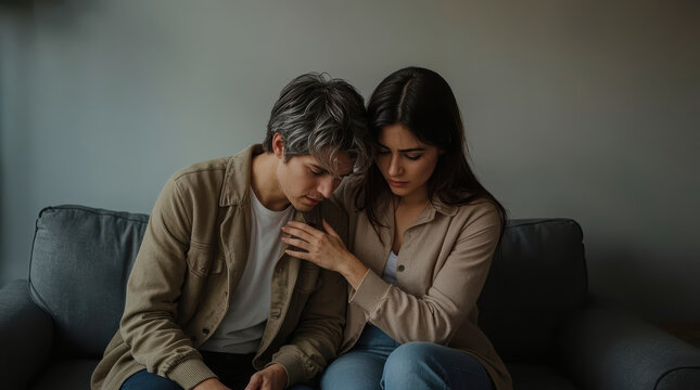 Couple comfort each other on sofa during emotional moment